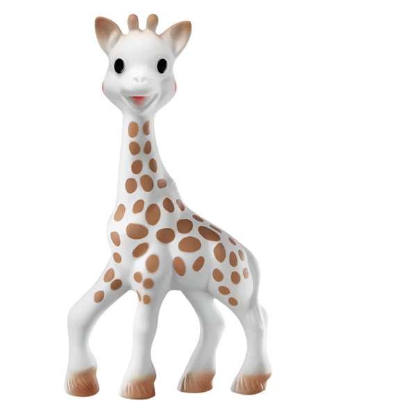 Rubber giraffe teething toy - cream in colour with black eyes and brown markings.