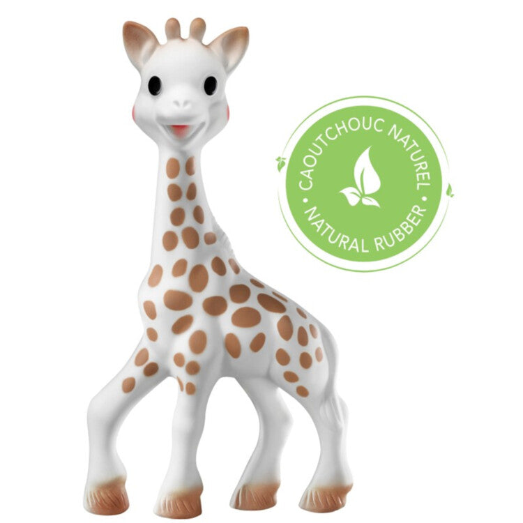 Rubber giraffe teething toy - cream in colour with black eyes and brown markings.