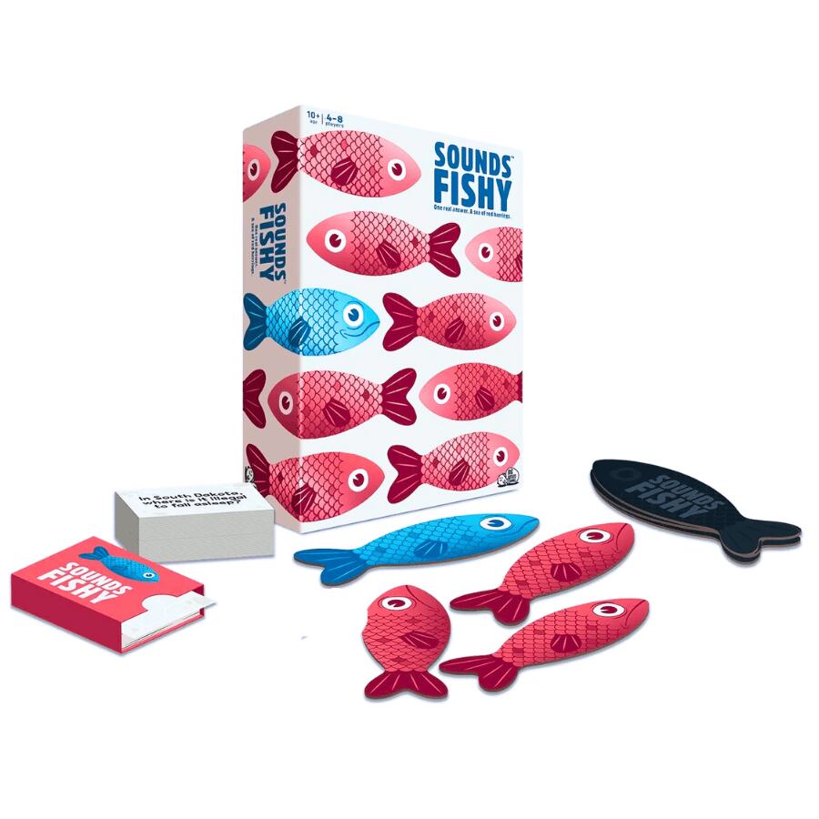 Box of "Sounds Fishy" by Big Potato, a bluffing game featuring cards and fish-shaped pieces in red and blue. The set also contains a black fish piece and an “In Space They Cannot Hear Ice Cream” instruction booklet, providing a quirky twist to this trivia game experience.