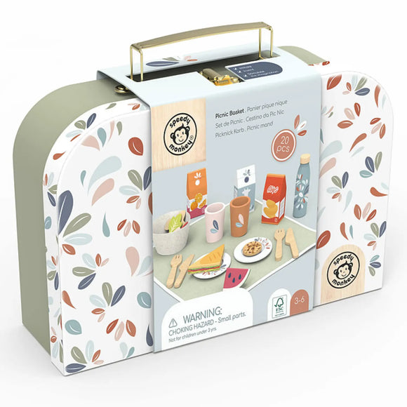 Children's picnic basket playset packaging with colorful design and toy images.