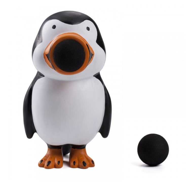 The Squeeze Popper: Penguin by Cheatwell Games is a delightful toy, ideal for both indoor and outdoor play. It features a charming white body with black accents and orange feet. The penguin holds a black foam ball in its open mouth, while another foam ball rests nearby, ready to entertain kids anywhere!