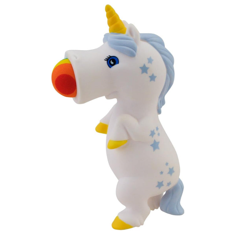 Introducing the Squeeze Popper: Unicorn White by Cheatwell Games, a whimsical unicorn toy adorned with a yellow horn and blue mane. This white unicorn, featuring blue stars on its sides and bright yellow hooves, playfully holds an air-powered colorful ball in its mouth. Standing on its hind legs, it's all set for endless Squeeze Poppers excitement!