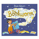 The Bookworm," a delightful children's book by Debi Gliori from Bloomsbury, has a cover showing a child in orange overalls opening a book with a dragon on its cover. Stars and clouds swirl around the title on a blue background, with scattered books resembling hidden treasures.