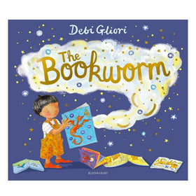 The Bookworm," a delightful children's book by Debi Gliori from Bloomsbury, has a cover showing a child in orange overalls opening a book with a dragon on its cover. Stars and clouds swirl around the title on a blue background, with scattered books resembling hidden treasures.