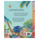 The book's back cover from Magic Cat Publishing's "The Magic Carpet's Guide to Earth's Forbidden Places" features an illustrated scene with colorful, fantastical plants and landscapes. A parrot on a tree branch invites readers on a magical carpet journey to explore the world's hidden locations.