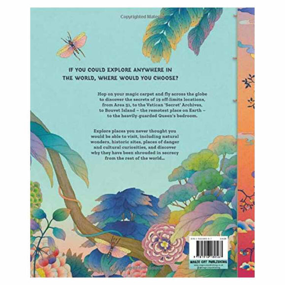 The book's back cover from Magic Cat Publishing's "The Magic Carpet's Guide to Earth's Forbidden Places" features an illustrated scene with colorful, fantastical plants and landscapes. A parrot on a tree branch invites readers on a magical carpet journey to explore the world's hidden locations.
