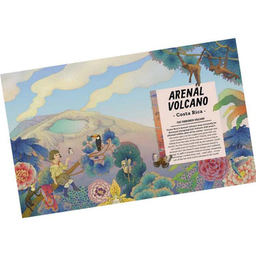 An illustrated scene from "The Magic Carpet's Guide to Earth's Forbidden Places" by Magic Cat Publishing showcases Arenal Volcano in Costa Rica. Two people sit on branches among lush foliage and flowers, observing wildlife as smoke drifts from the volcano, with a text box offering captivating destination details.