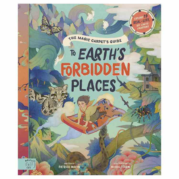The Magic Carpet's Guide to Earth's Forbidden Places," by Patrick Makin from Magic Cat Publishing, features a child on a magic carpet with a tiger amid clouds, mountains, and mystical natural wonders.