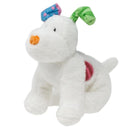 The Snowdog by Rainbow Designs is a plush toy with white fur, an orange nose, and colorful ears—one blue with pink spots, the other green with stripes. It has a pink patch on its side and embodies the charm of "The Snowman and the Snowdog" tale against a white backdrop.
