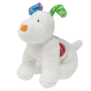 The Snowdog by Rainbow Designs is a plush toy with white fur, an orange nose, and colorful ears—one blue with pink spots, the other green with stripes. It has a pink patch on its side and embodies the charm of "The Snowman and the Snowdog" tale against a white backdrop.
