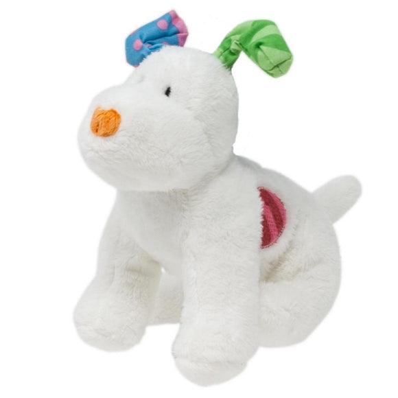 The Snowdog by Rainbow Designs is a plush toy with white fur, an orange nose, and colorful ears—one blue with pink spots, the other green with stripes. It has a pink patch on its side and embodies the charm of "The Snowman and the Snowdog" tale against a white backdrop.