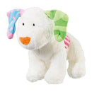A cuddly bean toy called The Snowdog by Rainbow Designs features a plush dog with a white body, one green and one blue patterned ear, an orange nose, and vibrant designs on its ears and back, capturing the charm of "The Snowman and the Snowdog.