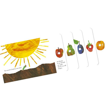 Puffin's "The Very Hungry Caterpillar Board Book" illustration shows a caterpillar under the sun with an apple, pear, plum, strawberry, and orange. Text says, "On Monday he ate through one apple, but he was still hungry.