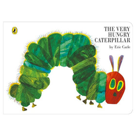 Cover of the beloved children's book "The Very Hungry Caterpillar Board Book" by Puffin. Features a colorful caterpillar illustration with a red head and green body, and the Penguin logo in the top left corner.