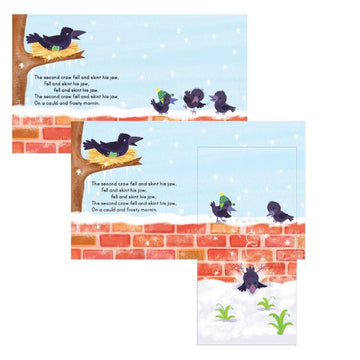 Floris Books' "Three Craws" features interactive illustrated scenes of crows in a snowy landscape, with lift-the-flap surprises: one crow on a branch above, two wearing hats and scarves in the middle, and another lounging under a brick wall as snowflakes fall below.