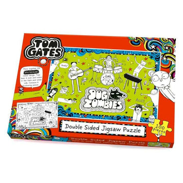 Tom Gates Zombie Dogs Jigsaw by University Games offers a vibrant, double-sided 100-piece puzzle. The box features colorful illustrations of the cartoon band "Dog Zombies" with lively patterns and playful characters inviting you to color in for extra fun.