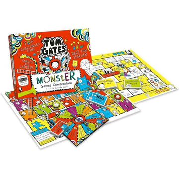 The Tom Gates Monster Games Compendium by University Games is a vibrant board game set for family fun, featuring themed games like "Monster Games" and "Top Challenges," complete with diverse pieces, cards, and illustrated boards for endless entertainment.