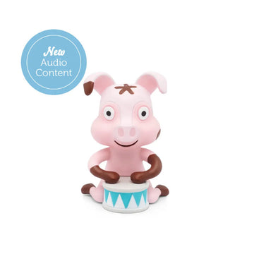 A pink cartoon animal with large eyes and floppy ears is drumming on a small blue and white drum, ready to kick off a delightful sing-along. A circular blue badge beside it reads "New Audio Content." The plain white background makes the scene perfect for **Tonies Favorite Children's Songs - Animal Songs** by **Tonies**.