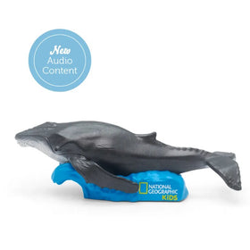 A Tonies - National Geographic Kids whale figurine is set on a blue base, inviting young explorers on an Ocean Adventure. A circular label above declares "New Audio Content." The figurine beautifully represents the essence of a gray whale in a graceful swimming pose.
