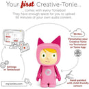 Image of a Tonies Creative-Tonie figure dressed in a pink outfit with cat ears, ideal for the Toniebox - Starter Set Pink audio system for children. Upload up to 90 minutes of personalized audio content using the Toniecloud or app. Another image showcases child-friendly colors on a computer screen displaying settings.