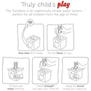 Illustration of the Tonies Toniebox - Starter Set Purple: 1. Configure via Wi-Fi. 2. Position the Creative-Tonie character on the box. 3. Listen and enjoy. 4. Remove to stop audio. 5. Replace to resume, perfect for children ages three and up.
.