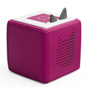 Discover the Tonies Toniebox Starter Set in purple, a charming speaker cube with textured fabric sides. It features playful gray rubber ears and a cute cat-shaped speaker grill, turning storytime into an irresistible experience for children.