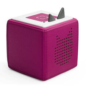 Discover the Tonies Toniebox Starter Set in purple, a charming speaker cube with textured fabric sides. It features playful gray rubber ears and a cute cat-shaped speaker grill, turning storytime into an irresistible experience for children.