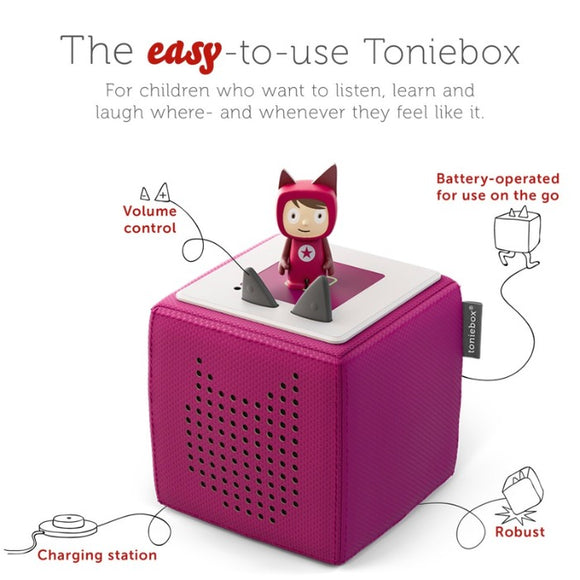 A Toniebox - Starter Set Purple by Tonies is displayed with a Creative-Tonie figurine. Features include intuitive use, volume control, portable battery operation with charging station, and durability. This children's audio system is perfect for listening, learning, and laughing anywhere.