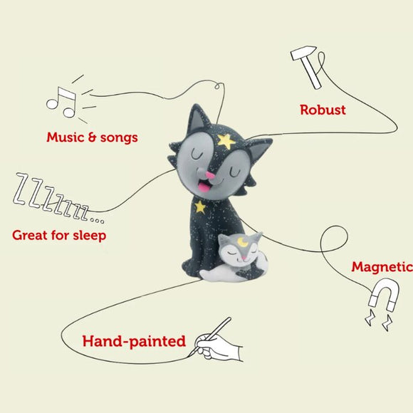Product Description: The charming Tonie - Favourite Children's Songs - Bedtime Songs & Lullabies from Tonies features a beautifully hand-painted black cat with closed eyes, accompanied by a small sleeping kitten. Surrounding text emphasizes its standout features: soothing bedtime songs, durability, suitability for sleep routines, and magnetic capabilities. Elegant musical notes and stars decorate the figure to enhance its magical nighttime ambiance.
