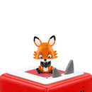 A small, cartoon-like fox figurine with closed eyes is perched on a red speaker box, crafted for educational singing experiences. The orange-furred fox features a bushy tail and black-tipped ears, encouraging children to discover multilingual counting with the engaging Tonie- Favourite Children's Songs - Counting Songs by Tonies. The background is white.