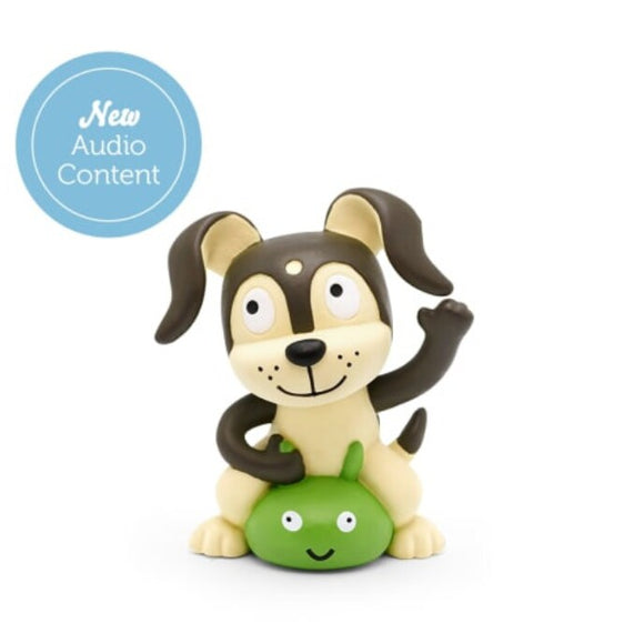 A charming dog figurine with floppy ears and a playful expression is perched on a green, smiling creature. As part of the classic collection from Tonies, it features a blue circle label that says "New Audio Content." The background is white.