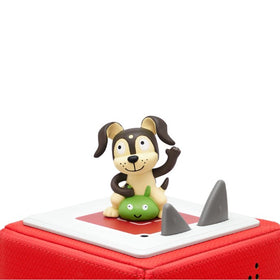 A charming figurine from Tonies, featuring a cartoon dog with long ears perched on a green creature, beautifully encapsulates the lively spirit of playtime and parties. This delightful scene rests upon a red square base embellished with gray triangular patterns and belongs to the "Tonie - Favourite Children's Songs - Playtime & Action Songs" collection.