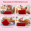 Four images display a red Tonie audio device featuring slots for figurines, making it perfect for children's music. Descriptions include: 1) Place a figurine on top, 2) Tap to skip tracks, 3) Tilt to rewind or fast-forward, and 4) Squeeze the sides to adjust the volume. Text reads: "Tonies - Easy-peasy for little hands to use and sing along to favorite animal-themed songs!