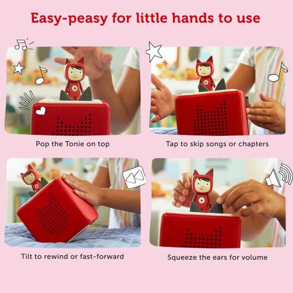Four images display a red Tonie audio device featuring slots for figurines, making it perfect for children's music. Descriptions include: 1) Place a figurine on top, 2) Tap to skip tracks, 3) Tilt to rewind or fast-forward, and 4) Squeeze the sides to adjust the volume. Text reads: "Tonies - Easy-peasy for little hands to use and sing along to favorite animal-themed songs!