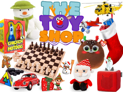Lots of ideas for Christmas including board games, a cuddly Santa toy, puzzles and musical toys around the words: 'The Toy Shop'.