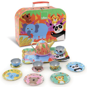 The Vilac Jungle Tea Set is a vibrant collection featuring pandas, elephants, and tigers. This high-quality tin set includes a suitcase, teapot, tray, cups, saucers, and plates—all with matching playful designs.