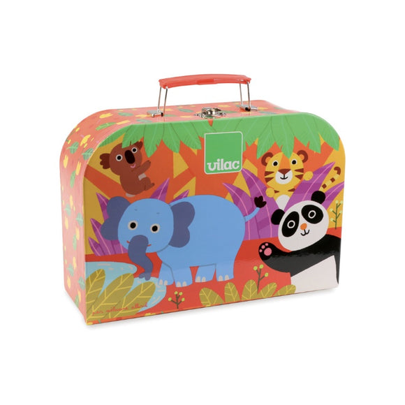 The Vilac Jungle Tea Set is a vibrant children's suitcase with a colorful design featuring a koala, lion, elephant, and panda amid lively tropical leaves. Made of high-quality tin, it has an orange backdrop and a durable metal handle.