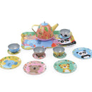 Introducing Vilac's Jungle Tea Set, a premium tin collection with a vibrant tray, teapot, four cups, saucers, and plates. Each piece displays playful cartoon animals like pandas and tigers against cheerful pastel backgrounds.