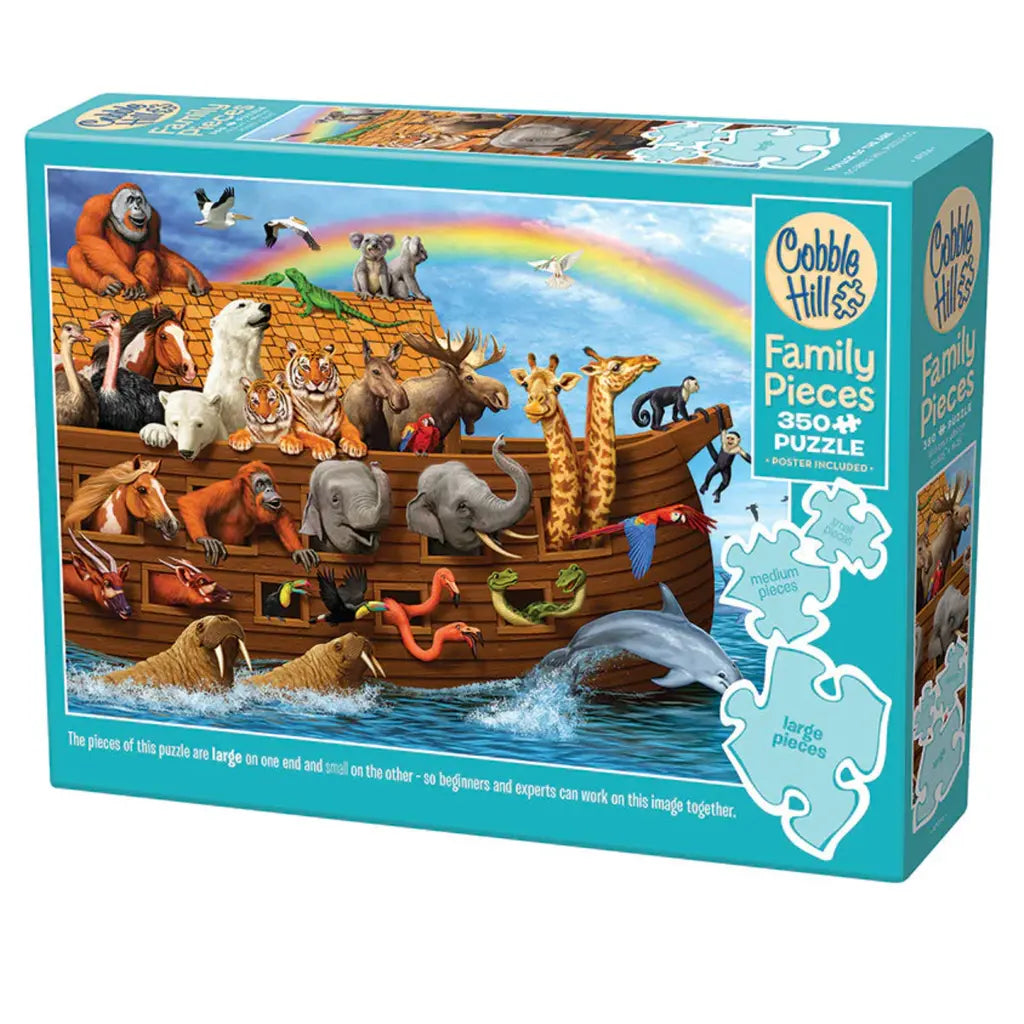 Box of a 350-piece Cobble Hill jigsaw puzzle titled "Voyage of the Ark." It showcases elephants, giraffes, and lions on Noah's Ark under a rainbow. The box displays pieces of varying sizes.