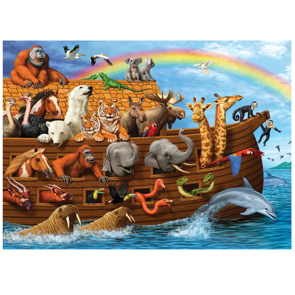 The Cobble Hill "Voyage of the Ark" jigsaw (350 pieces) depicts an ark with animals like a gorilla, peacock, elephant, and giraffe aboard. Birds fly above while a dolphin and walrus swim below. A rainbow spans the sky in this delightful puzzle scene from the Family Pieces collection.