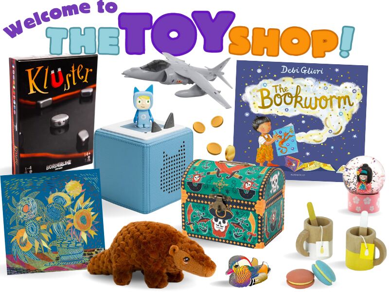 Text reads 'Welcome to The Toy Shop!' with a selection of toys including a Toniebox, Harrier plane, Eugy and a snow globe.