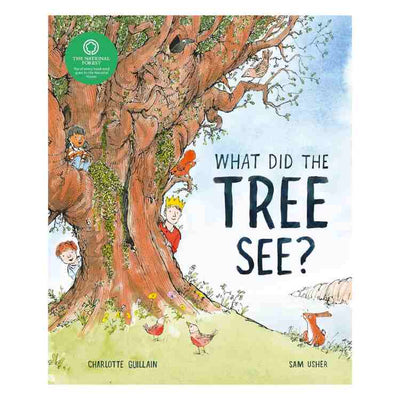 Illustrated picture book cover titled "What Did the Tree See?" from Welbeck Editions, created by Charlotte Guillain and Sam Usher. It showcases a majestic oak tree with children playfully peeking around it, surrounded by birds and a fox in the grassy landscape.
