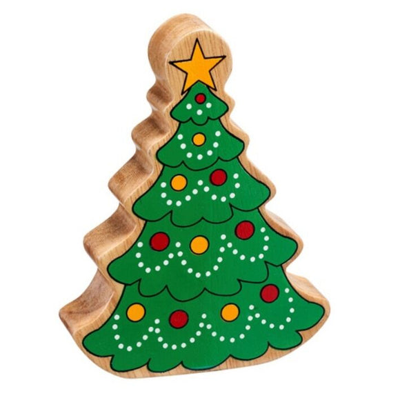 Crafted from natural wood, the Lanka Kade Wooden Christmas Toy Figure is painted green and adorned with red and yellow baubles, white dot garlands, and topped with a yellow star. Its simple yet stylized design makes it a charming addition to your holiday decor.
