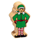 The Lanka Kade Wooden Christmas Toy Figures include a delightful elf character, showcasing a vibrant appearance with its green outfit, red belt, and red-and-white striped leggings. With hands on hips and a charming expression, this fair trade toy exemplifies high-quality craftsmanship.