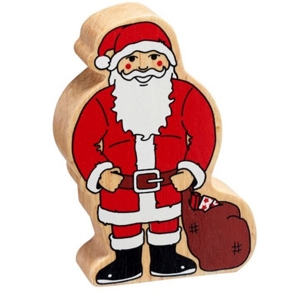 Lanka Kade's Wooden Christmas Toy Figures, crafted as a fair trade Santa Claus with a detailed painted design, including a red suit and white beard while holding a brown sack, beautifully embody the charm of figures made from natural wood products.