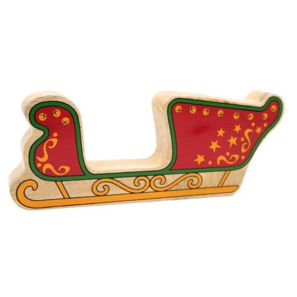 Introducing the Lanka Kade Wooden Christmas Toy Figures: a beautifully crafted wooden toy sleigh with a vibrant red body adorned with yellow stars and swirls, completed with shiny golden runners. Made with meticulous attention to detail and in line with fair trade standards, this piece makes a charming addition to any collection of wooden toy figures.