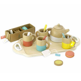 The Wooden Tea Set by Vilac is a delightful collection for children's tea parties, featuring a charming wooden pretend teapot, cups decorated with colorful bands, and an assortment of toy cookies. The set also includes whimsical tea bags, a box of packets, and delightful wooden biscuits all presented on a tray.