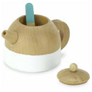 Introducing the Wooden Tea Set by Vilac: a delightful toy teapot perfect for children's tea parties. It showcases a removable lid and a blue stick inside. The light brown teapot, accented with a white band near the base, has a petite spout and handle that perfectly complement any miniature tea collection.