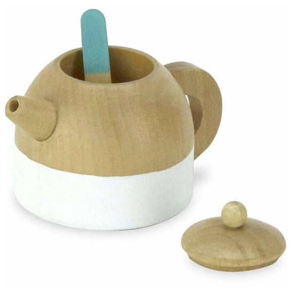 Introducing the Wooden Tea Set by Vilac: a delightful toy teapot perfect for children's tea parties. It showcases a removable lid and a blue stick inside. The light brown teapot, accented with a white band near the base, has a petite spout and handle that perfectly complement any miniature tea collection.