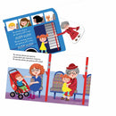 A grandmother in a red plaid coat and hat sits with a child on the blue bus depicted in Floris Books' "Ye Cannae Shove Yer Granny Off A Bus," inspired by a Scottish rhyme. Inside, passengers, toddlers, and a cat are visible.